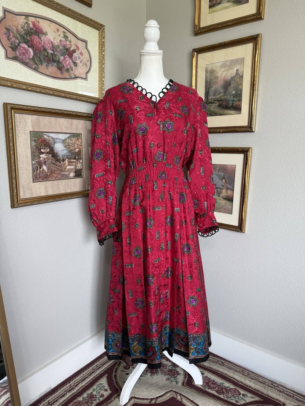 Diane Freis Patterned Pink Georgette Midi Dress 80s Vintage Dress 100% Silk P